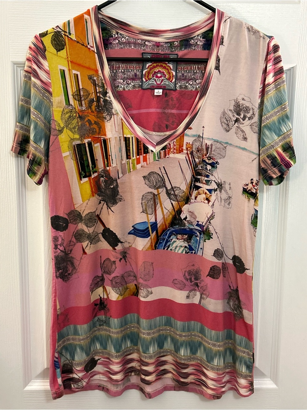 Johnny Was Venice Canal Print Floral V-Neck Short Sleeve Tee Size S